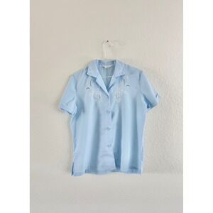 Barbizon Vintage Blouse Women Large Blue Embroidered Eyelet Short Sleeve 60s 70s